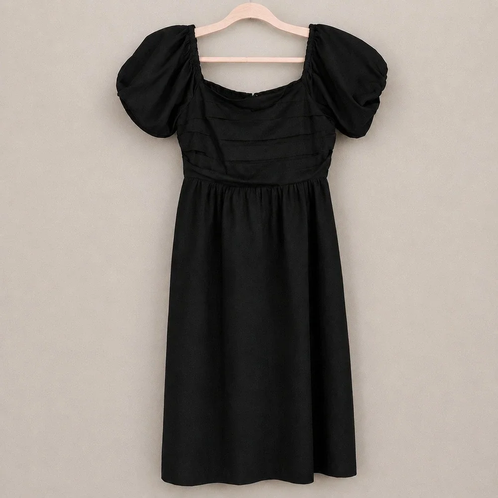 Elie Tahari Black Topaz Puff Sleeve Pleated Poplin Midi Dress SZ 10 Minimalist